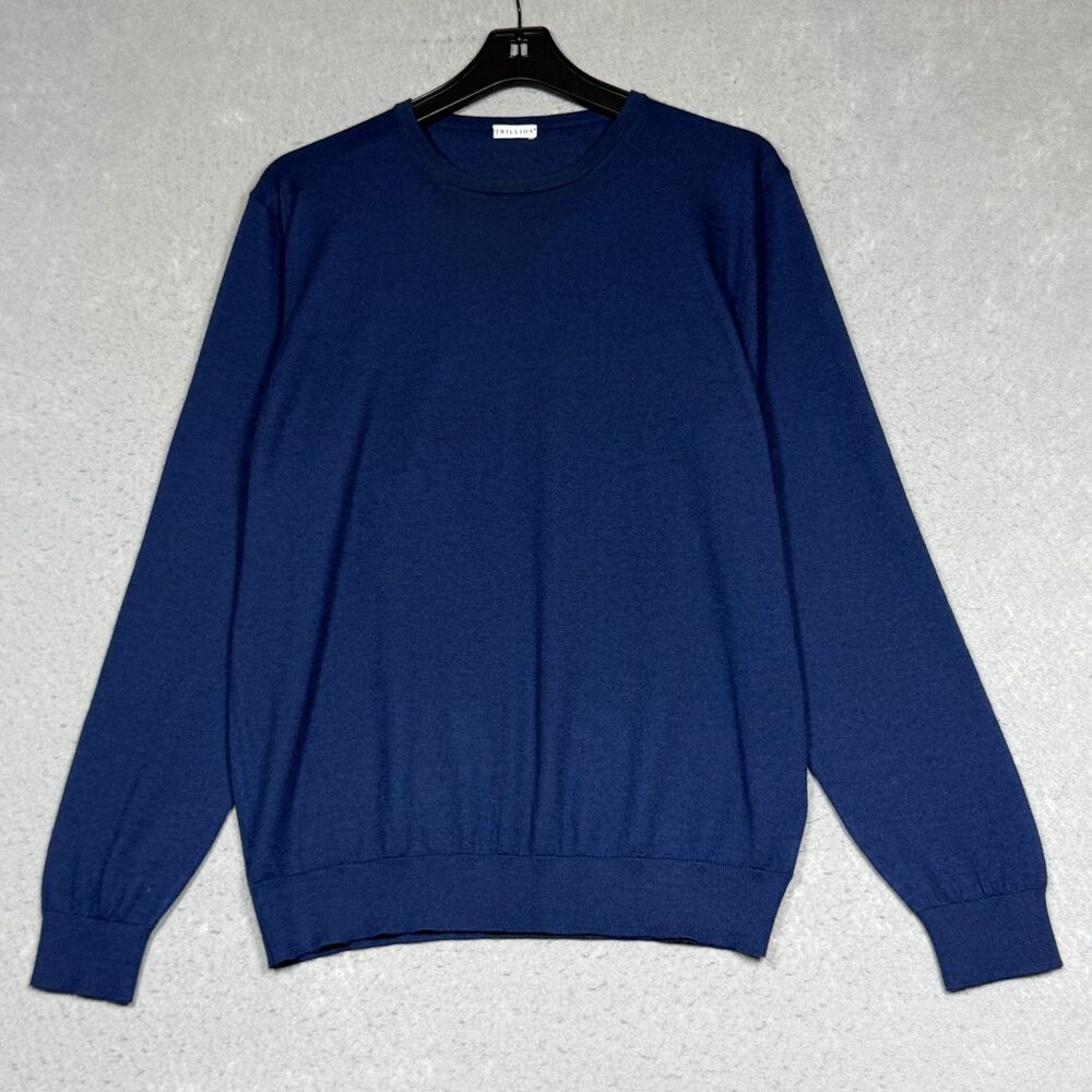 Trillion Sweater Mens Size 52 Blue Crewneck Knit Sweater Cashmere Silk